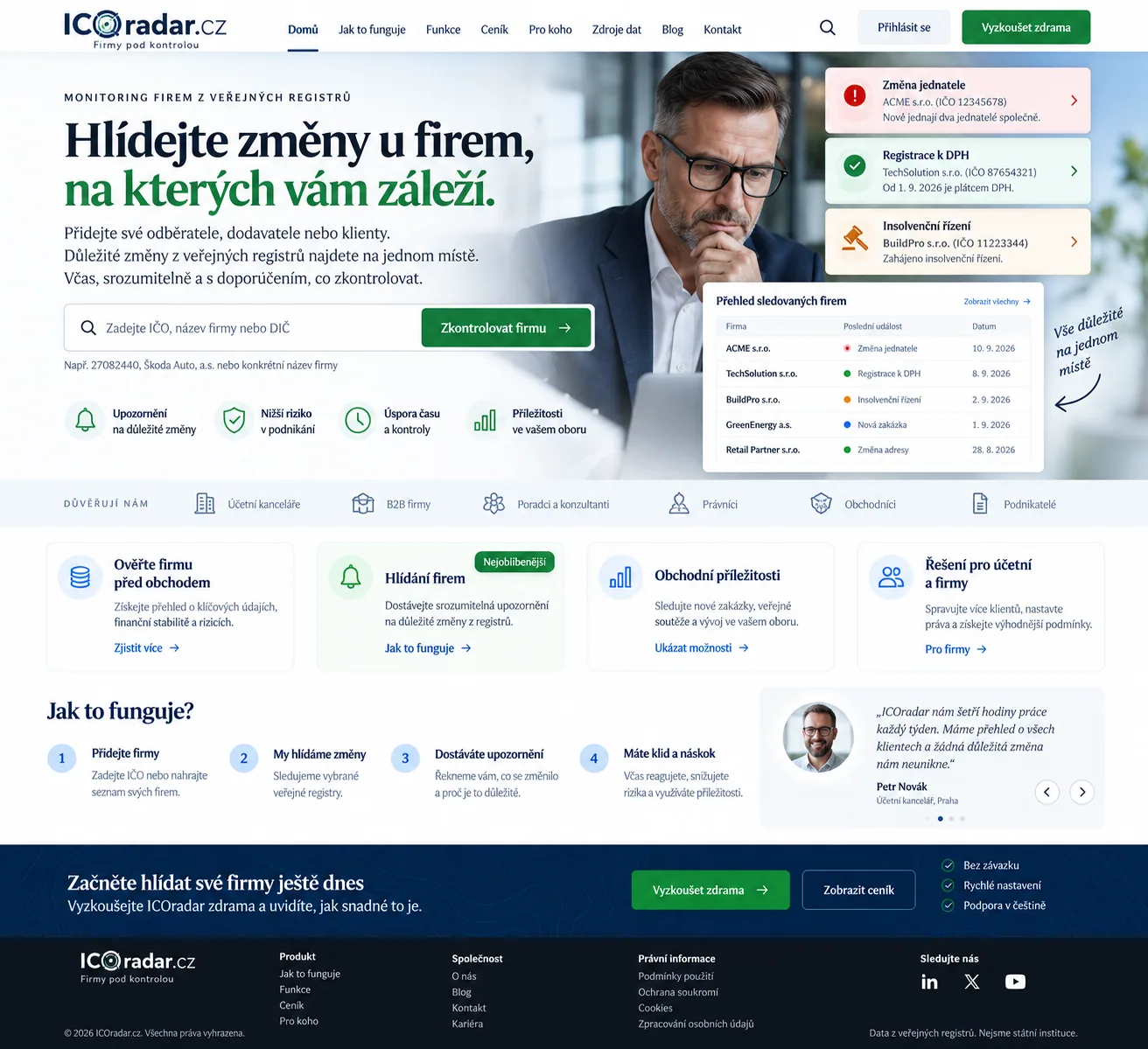 Úvodní stránka návrhu ICOradar.cz s vyhledáváním firem a přehledem sledovaných změn