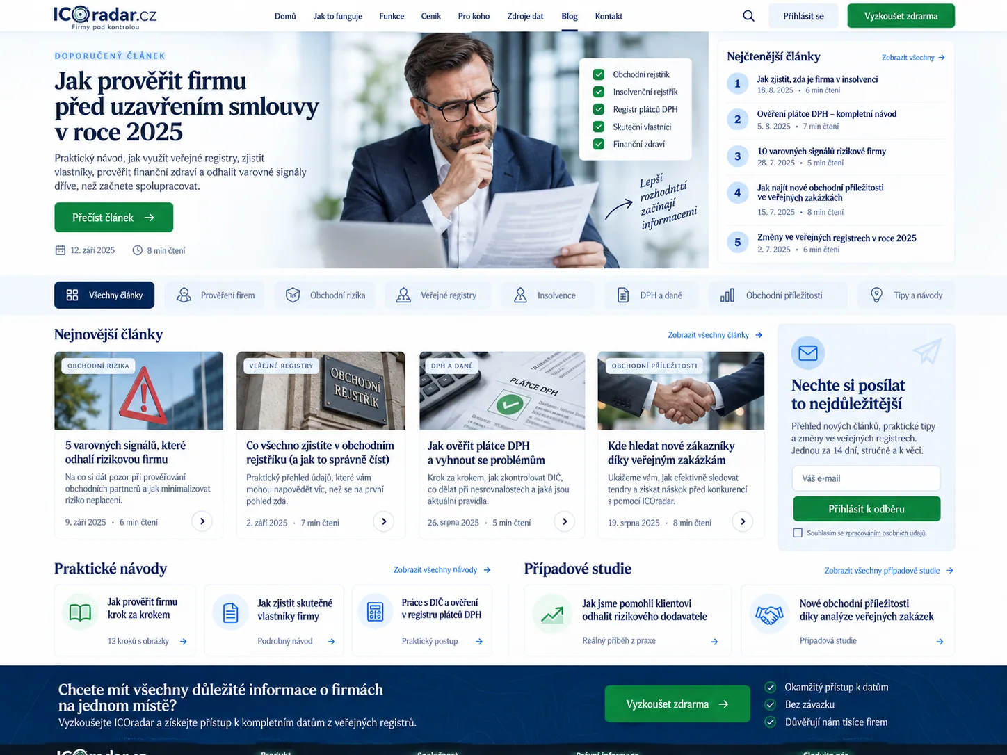 Blog návrhu ICOradar.cz s články o firemních rizicích a veřejných registrech